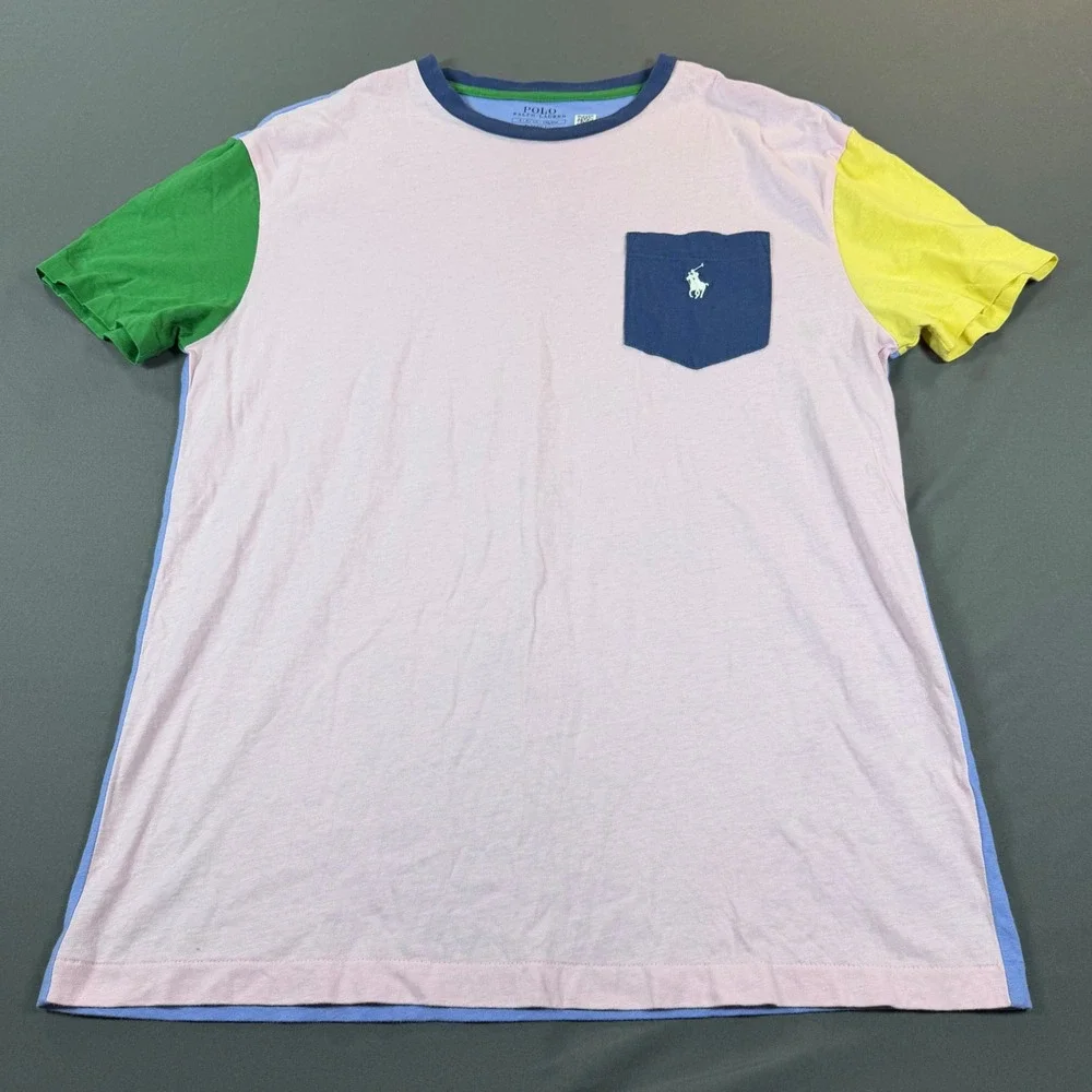 Polo Ralph Lauren Mens Classic‎ Fit Colorblock Pocket T-Shirt Pink Blue Small